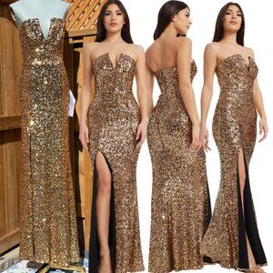 🆕 DRESS THE POPULATION 🧿 NWT Fernanda Gold Sequin Gown, Sz M